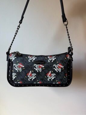 Ed Hardy Black Shoulder Bag with Red & White Skull Print